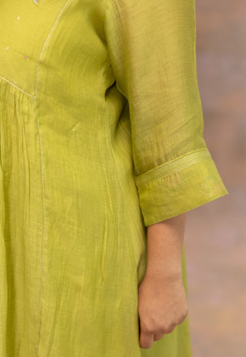Rooz Green Solid Chanderi Silk Kali Kurta with Hand Embroidery