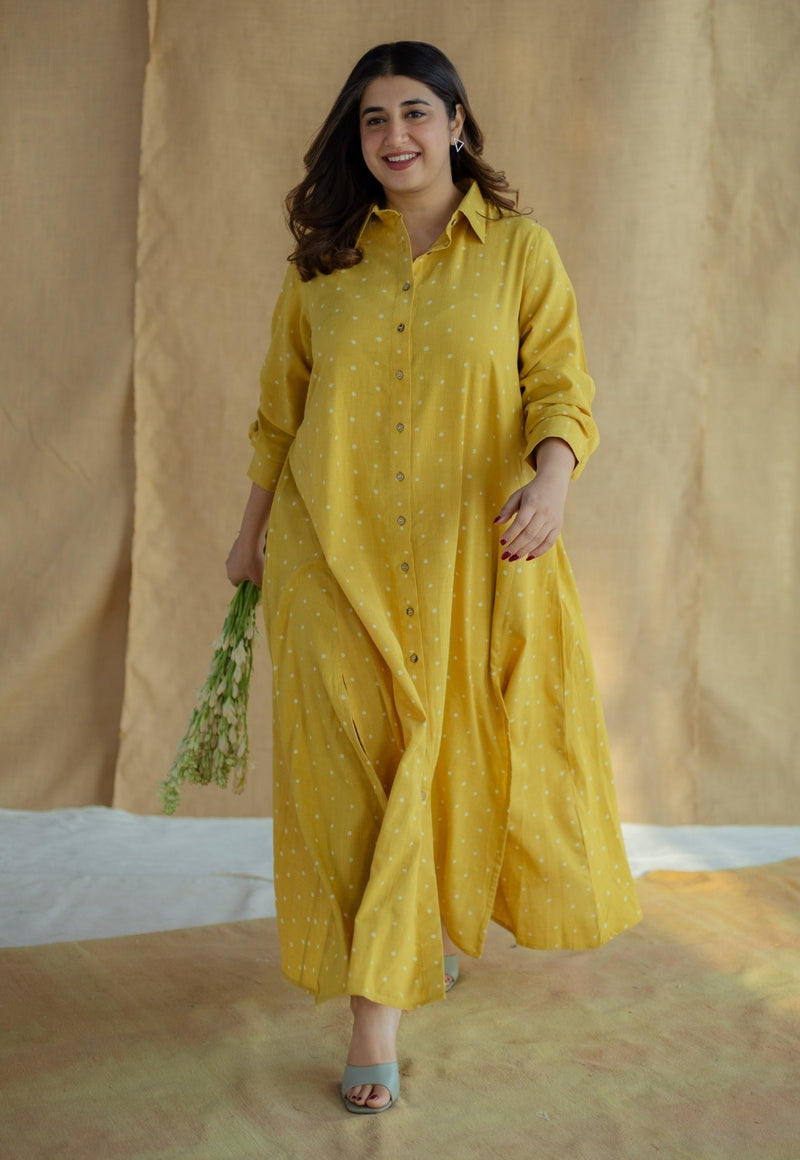 Trusha Yellow Dabu Slub Cotton A Line Dress