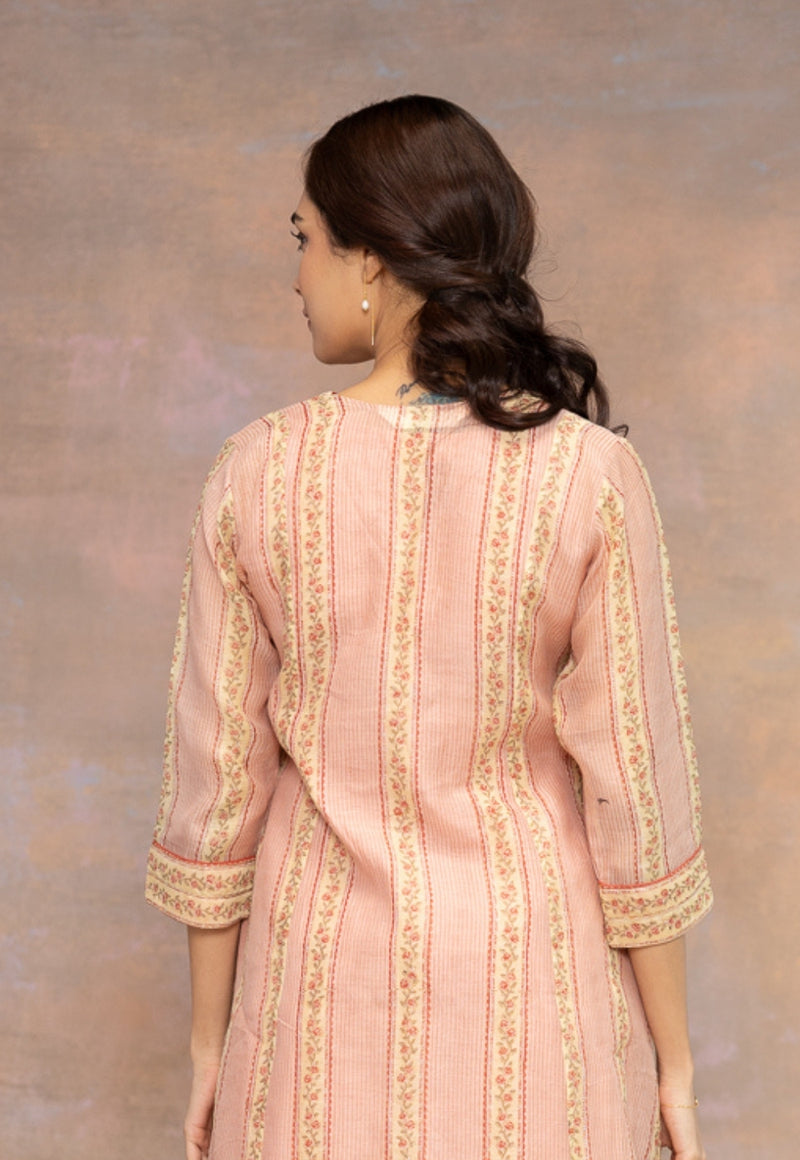 Rozhira Pink Sanganeri Chanderi Silk A Line Kurta with Lace Detailing