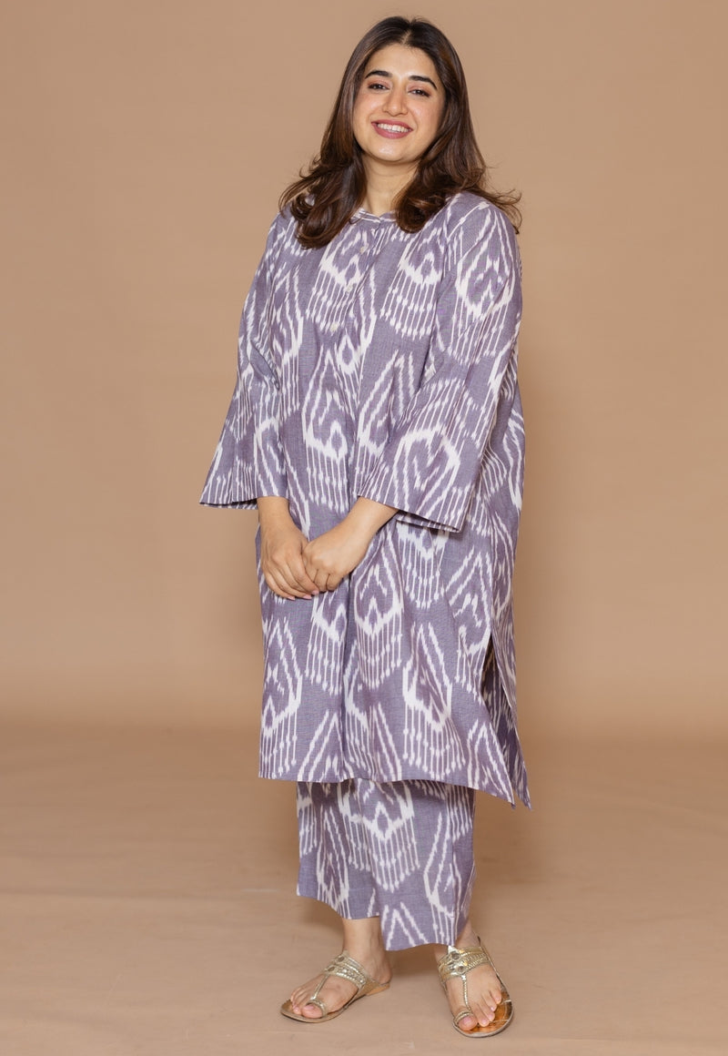 Ayaat Grey Handloom Ikkat Cotton Straight Kurta
