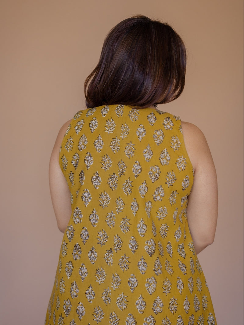 Heena Yellow Bagru Cotton A Line Kurta