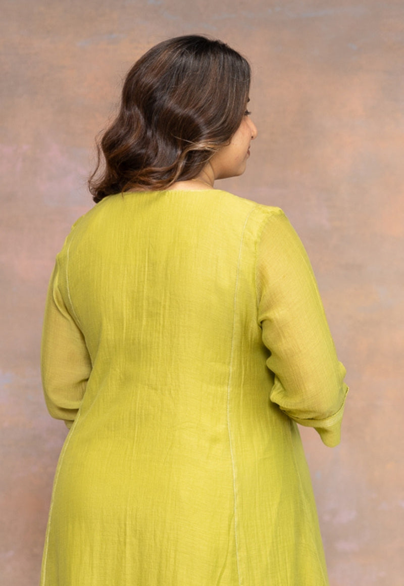 Rooz Green Solid Chanderi Silk Kali Kurta with Hand Embroidery