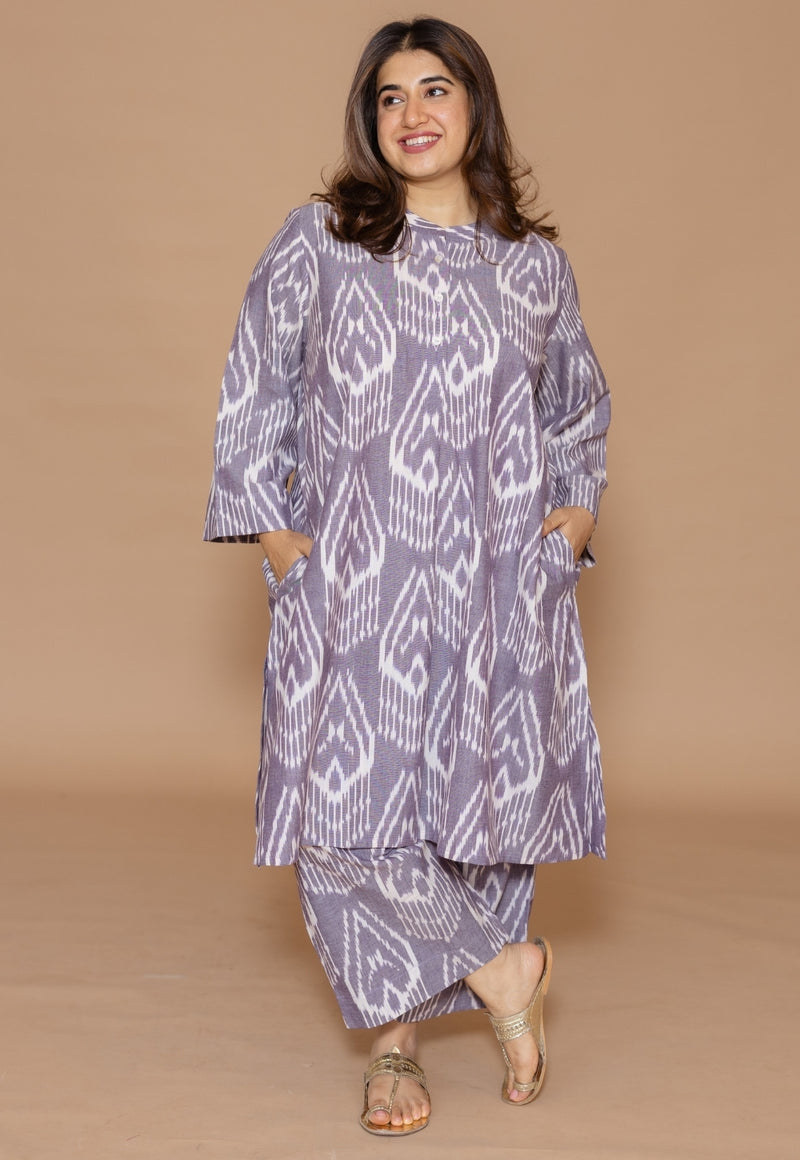 Ayaat Grey Handloom Ikkat Cotton Straight Kurta