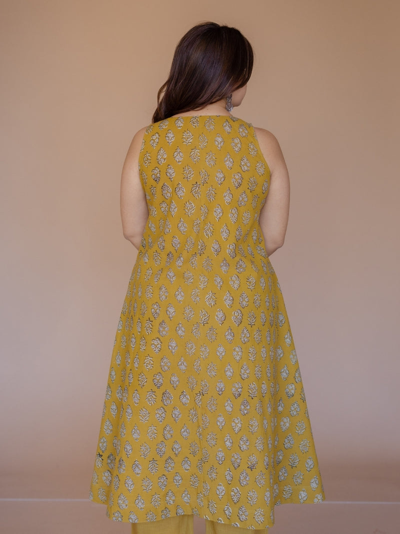 Heena Yellow Bagru Cotton A Line Kurta