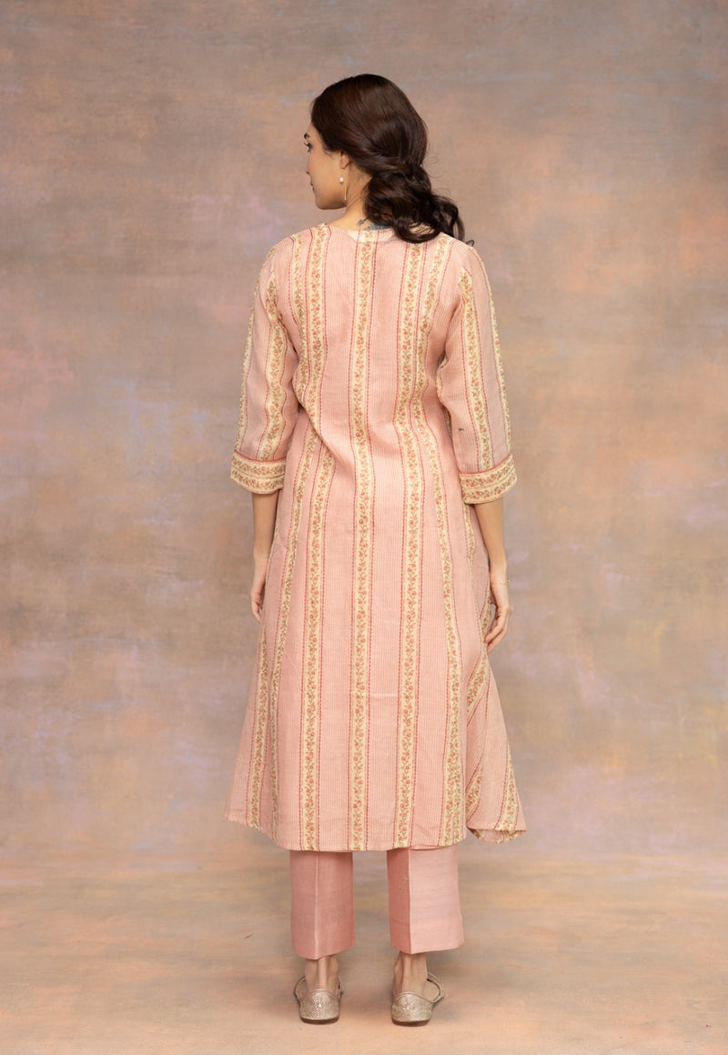 Rozhira Pink Sanganeri Chanderi Silk A Line Kurta with Lace Detailing