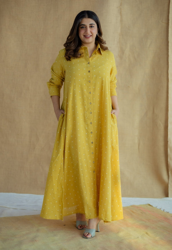 Trusha Yellow Dabu Slub Cotton A Line Dress