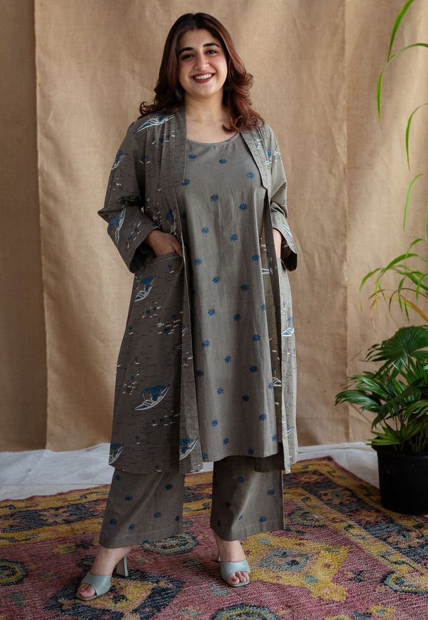 Shikara Grey Ajrakh Cotton A Line Jacket  with Hand Embroidery