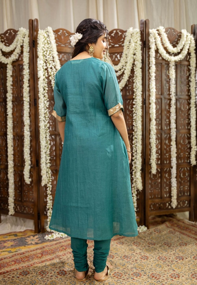 Srisha Peacock Green A Line Chanderi Silk Gota Patti Kurta Set (Set of 3)