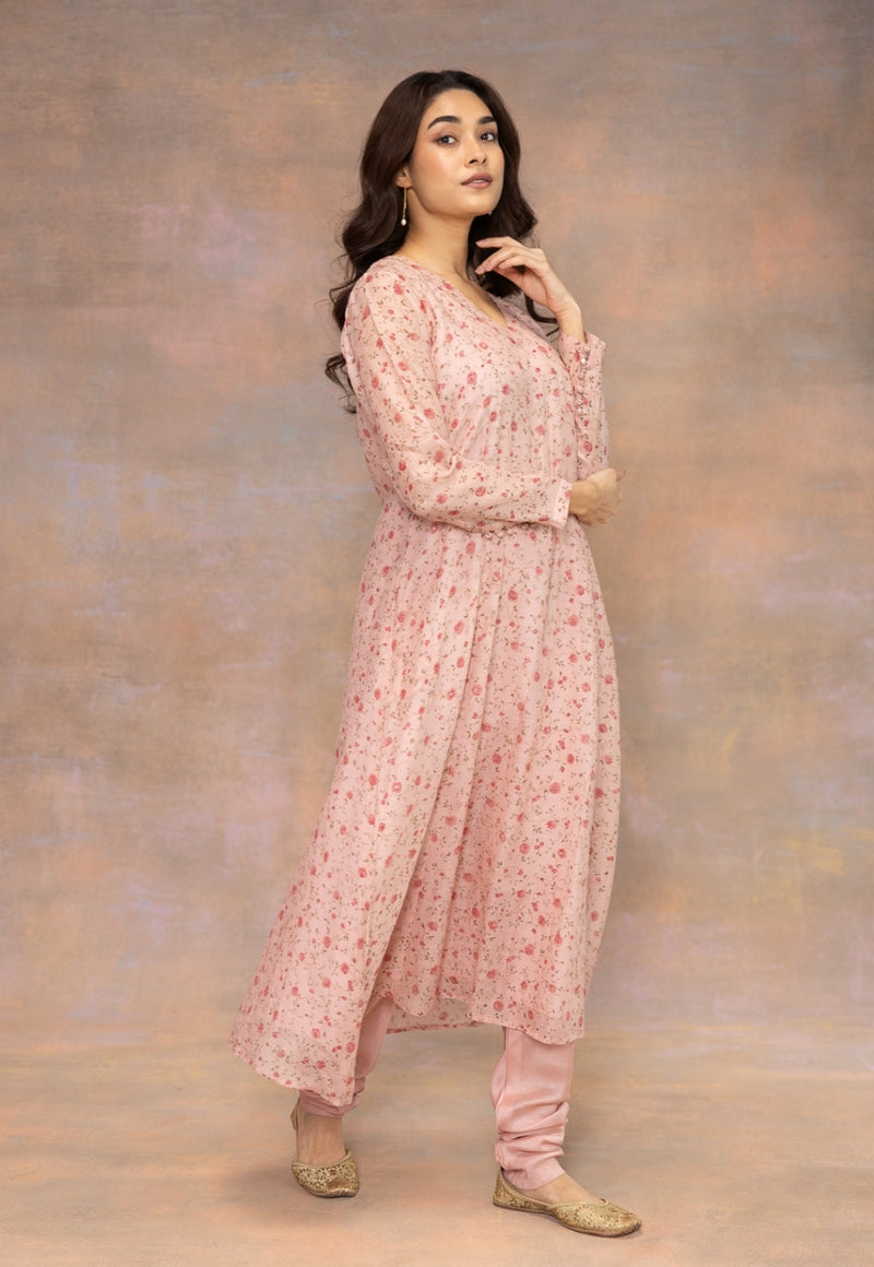 Rose Pink Sanganeri Chanderi Silk Kali Kurta with Hand Embroidery