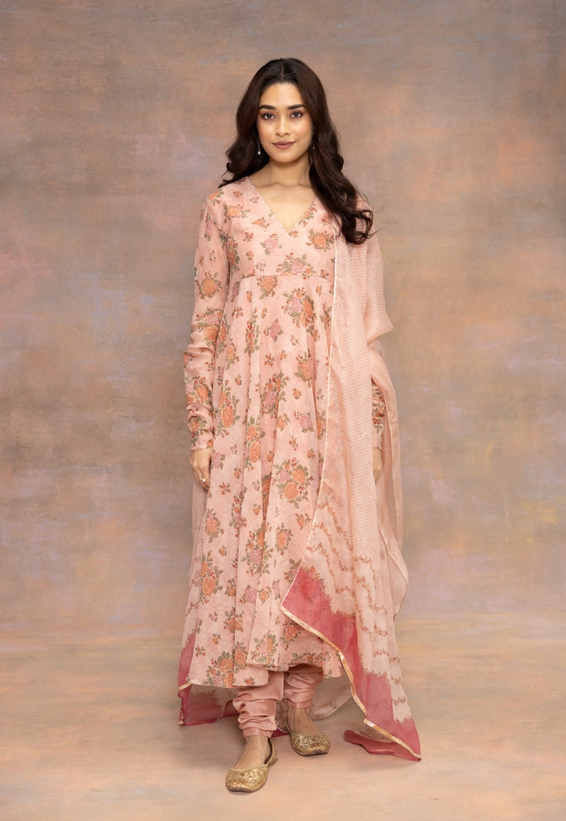 Rozhira Pink Sanganeri Chanderi Silk A Line Kurta with Hand Embroidery