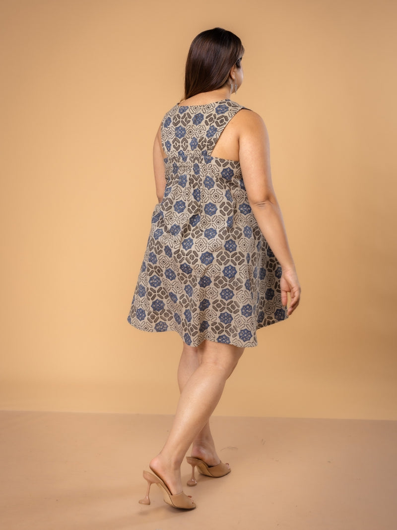 Inam Grey Ajrakh Cotton A Line Dress