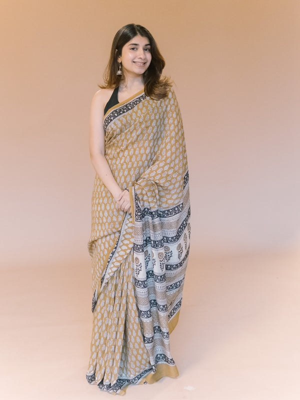 Yellow Butti Bagru Hand Block Print Modal Saree