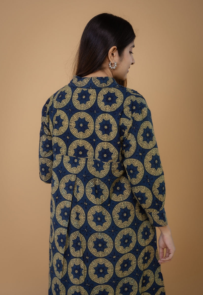 Ridah Blue Ajrakh Cotton A Line Dress