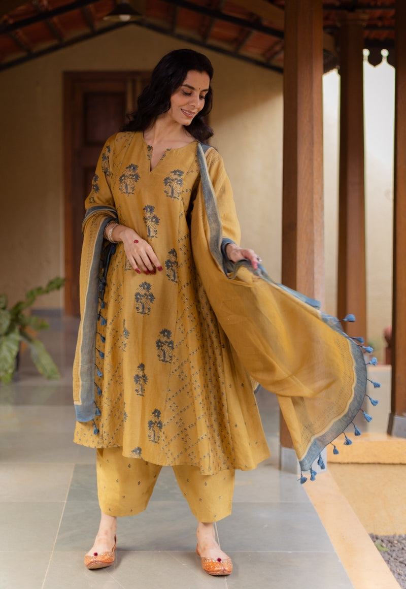 Sonia Mustard Ajrakh Chanderi Silk Kali Kurta with Hand Embroidery