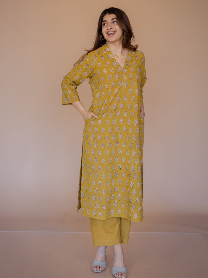 Avika Yellow Bagru Cotton Straight Kurta