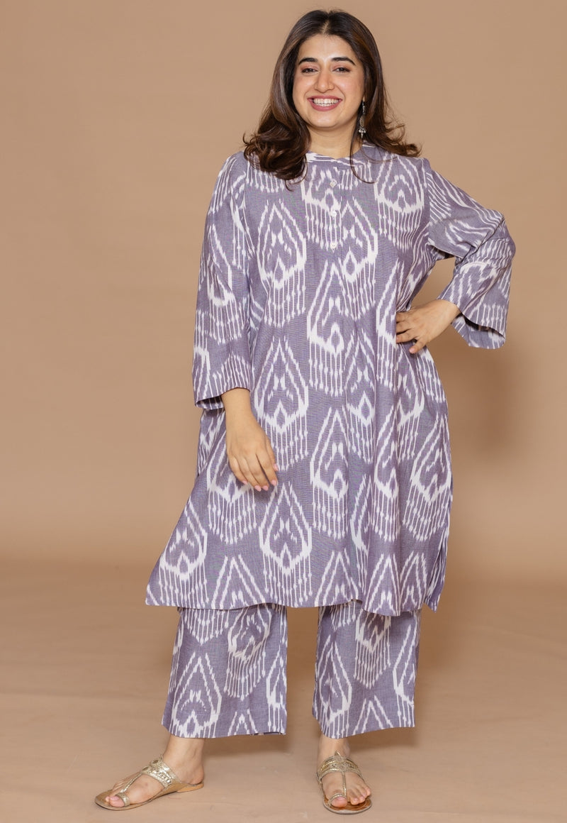 Ayaat Grey Handloom Ikkat Cotton Straight Kurta