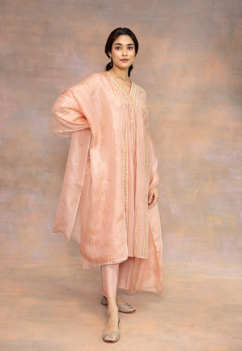 Rozhira Pink Sanganeri Chanderi Silk A Line Kurta with Lace Detailing