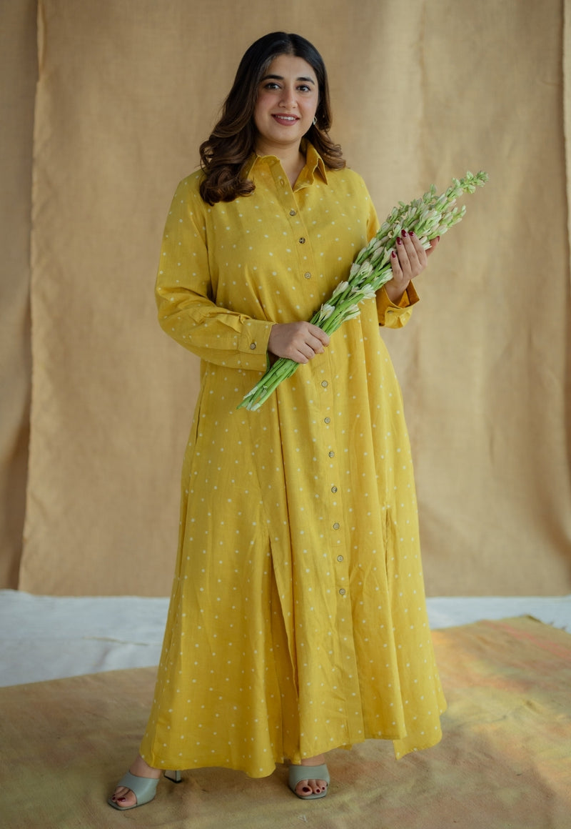 Trusha Yellow Dabu Slub Cotton A Line Dress