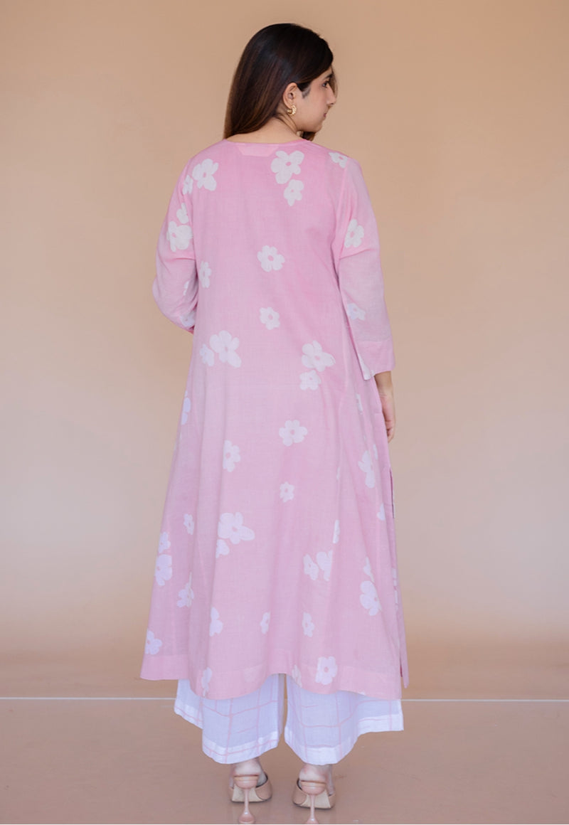 Alizah Pink Batik MulMul Jhabba Kali Kurta with Slip