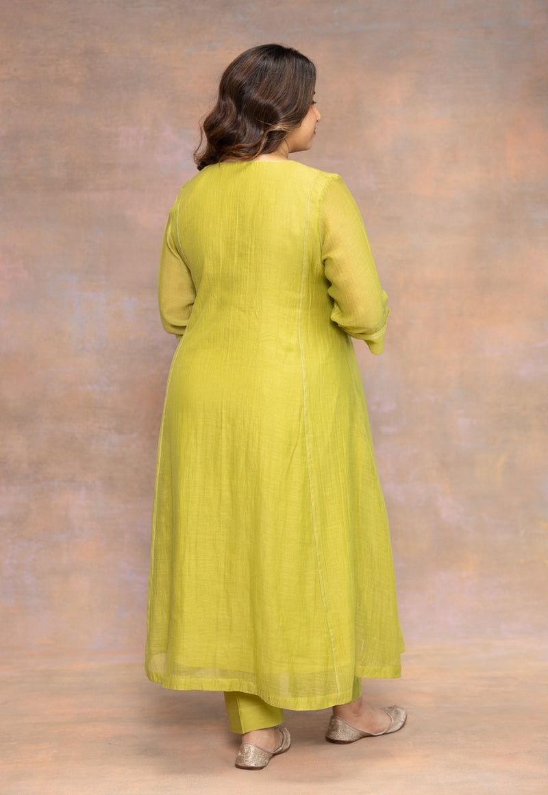 Rooz Green Solid Chanderi Silk Kali Kurta with Hand Embroidery