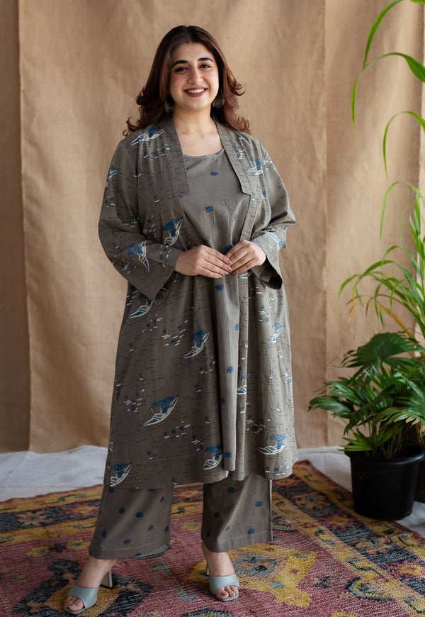 Shikara Grey Ajrakh Cotton A Line Jacket  with Hand Embroidery