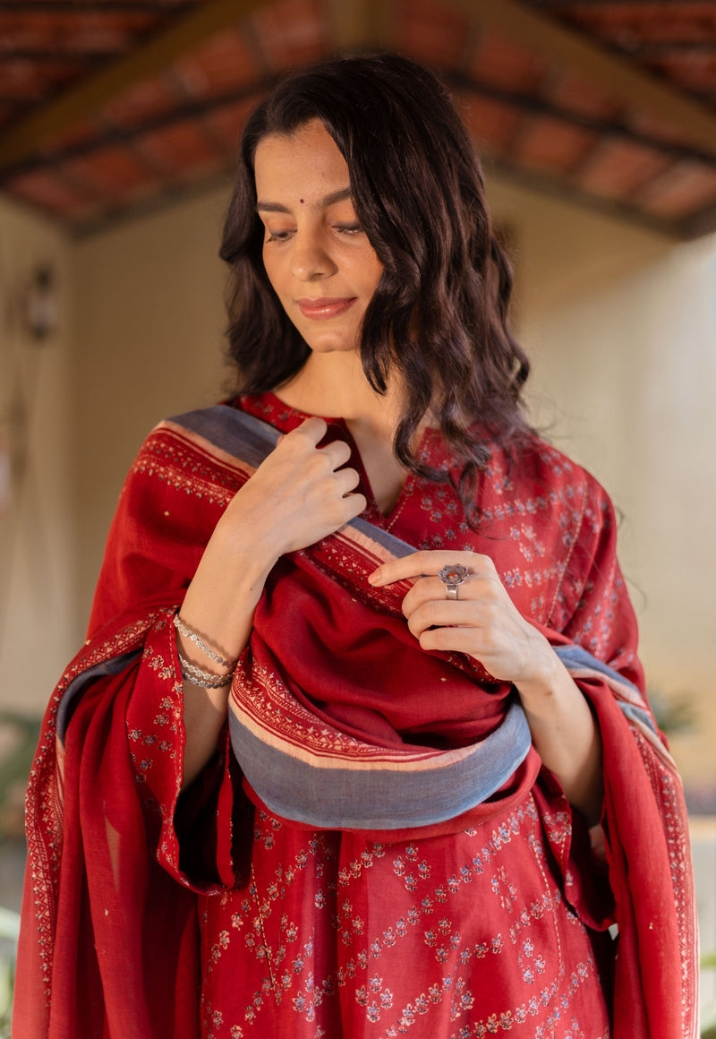 Madder Ajrakh Chanderi Silk Dupatta with Embroidery