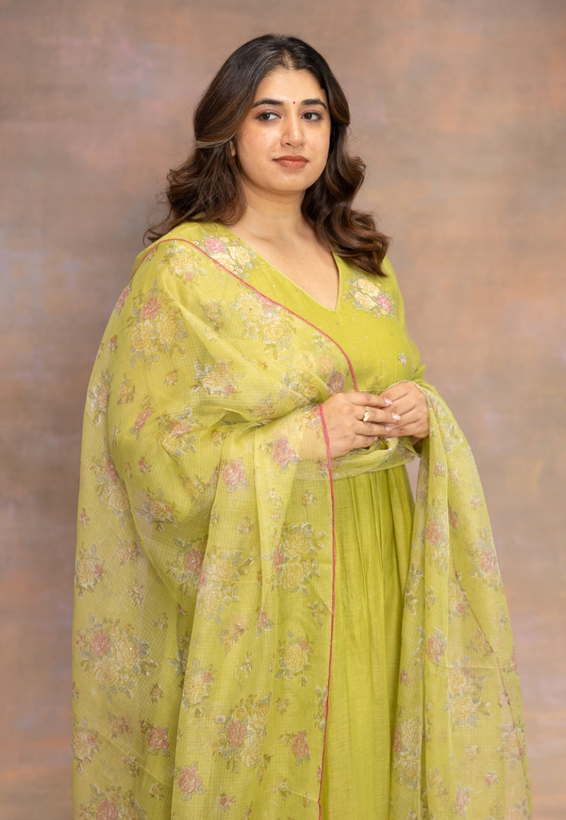 Rooz Green Sanganeri Kota Doria Silk Dupatta with Mukaish Detailing