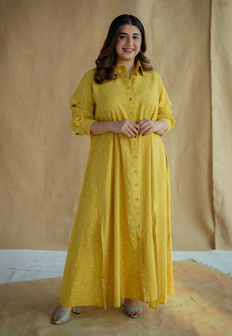 Trusha Yellow Dabu Slub Cotton A Line Dress