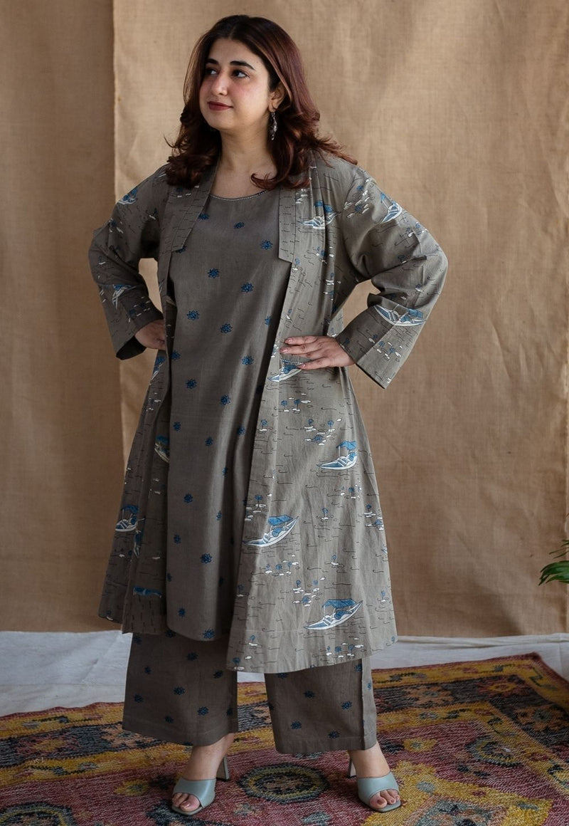 Shikara Grey Ajrakh Cotton A Line Jacket  with Hand Embroidery