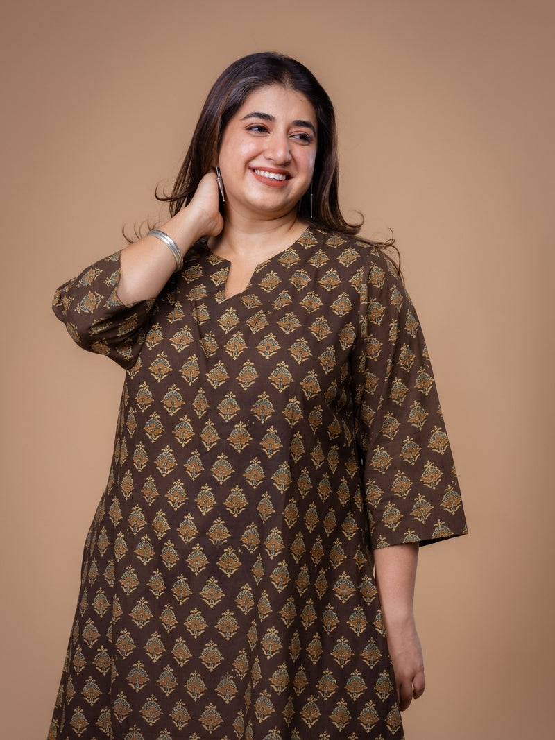 Daksha Brown Ajrakh Cotton A Line Kurta