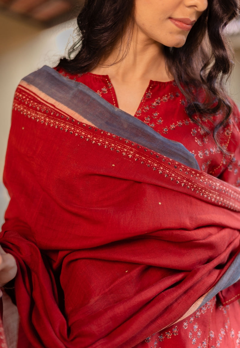 Madder Ajrakh Chanderi Silk Dupatta with Embroidery