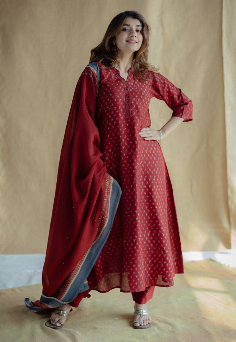 Malvika Madder Ajrakh Chanderi Silk A Line Kurta with Hand Embroidery