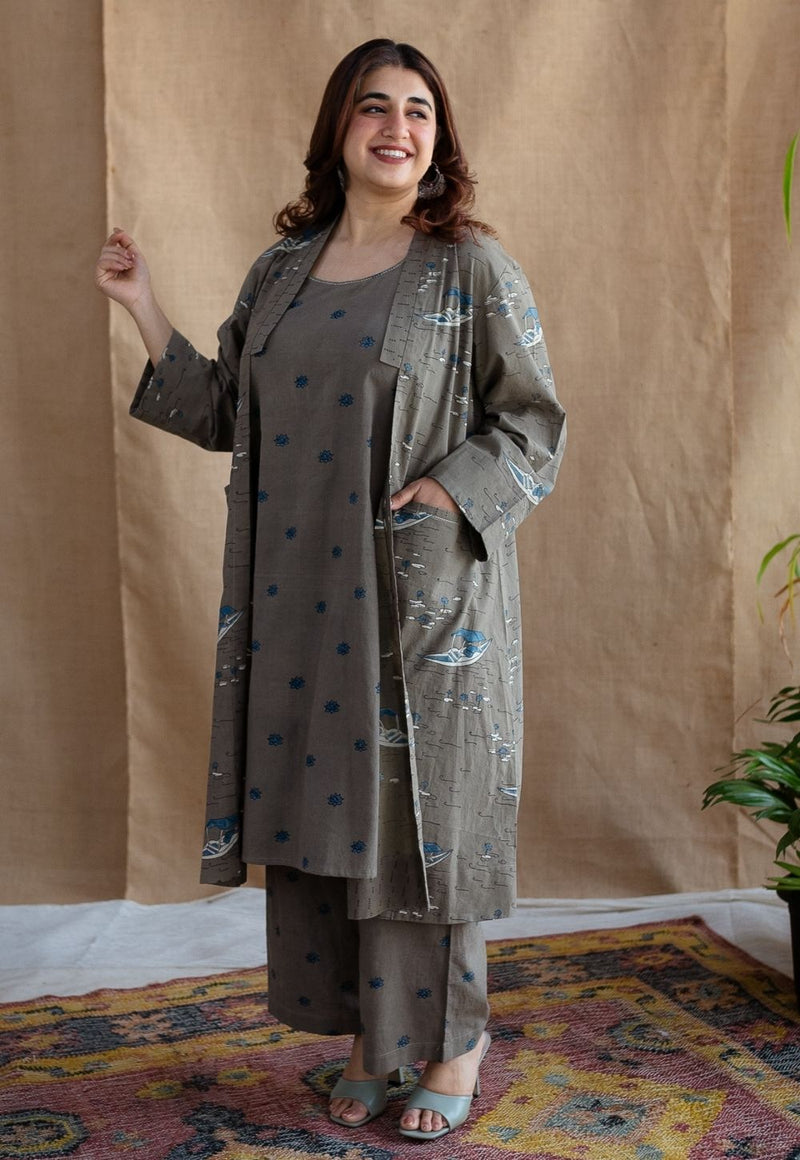 Shikara Grey Ajrakh Cotton A Line Jacket  with Hand Embroidery