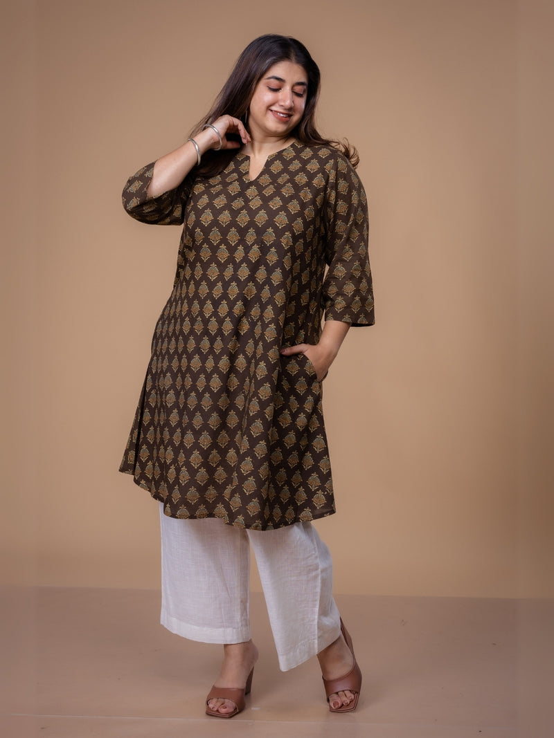 Daksha Brown Ajrakh Cotton A Line Kurta