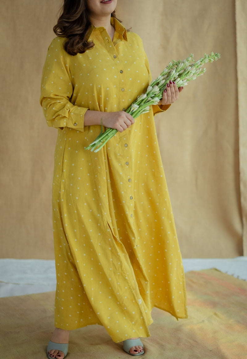 Trusha Yellow Dabu Slub Cotton A Line Dress