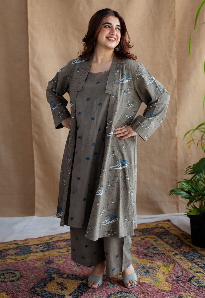 Shikara Grey Ajrakh Cotton A Line Jacket  with Hand Embroidery