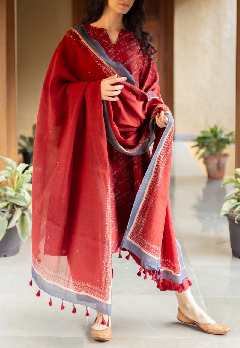 Madder Ajrakh Chanderi Silk Dupatta with Embroidery