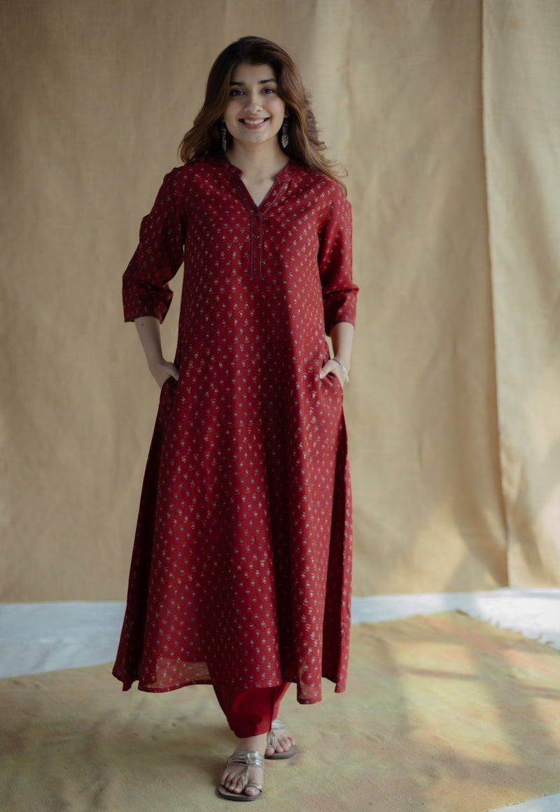 Malvika Madder Ajrakh Chanderi Silk A Line Kurta with Hand Embroidery