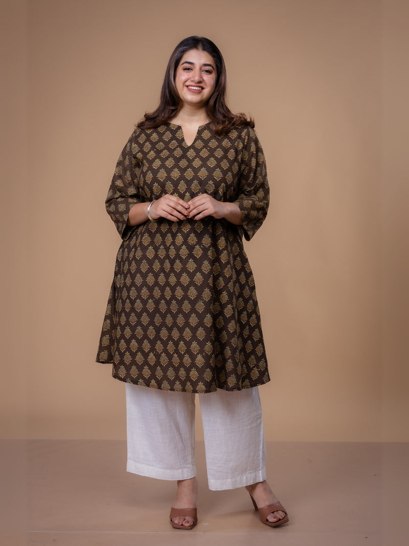 Daksha Brown Ajrakh Cotton A Line Kurta