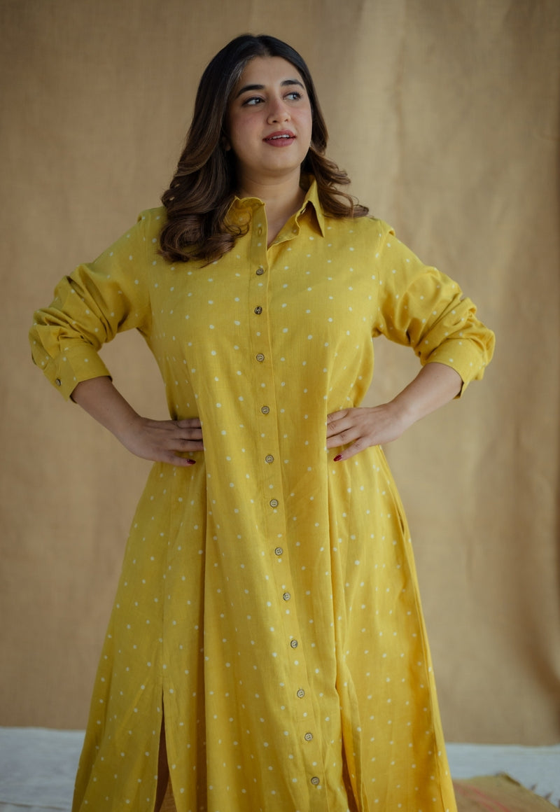 Trusha Yellow Dabu Slub Cotton A Line Dress