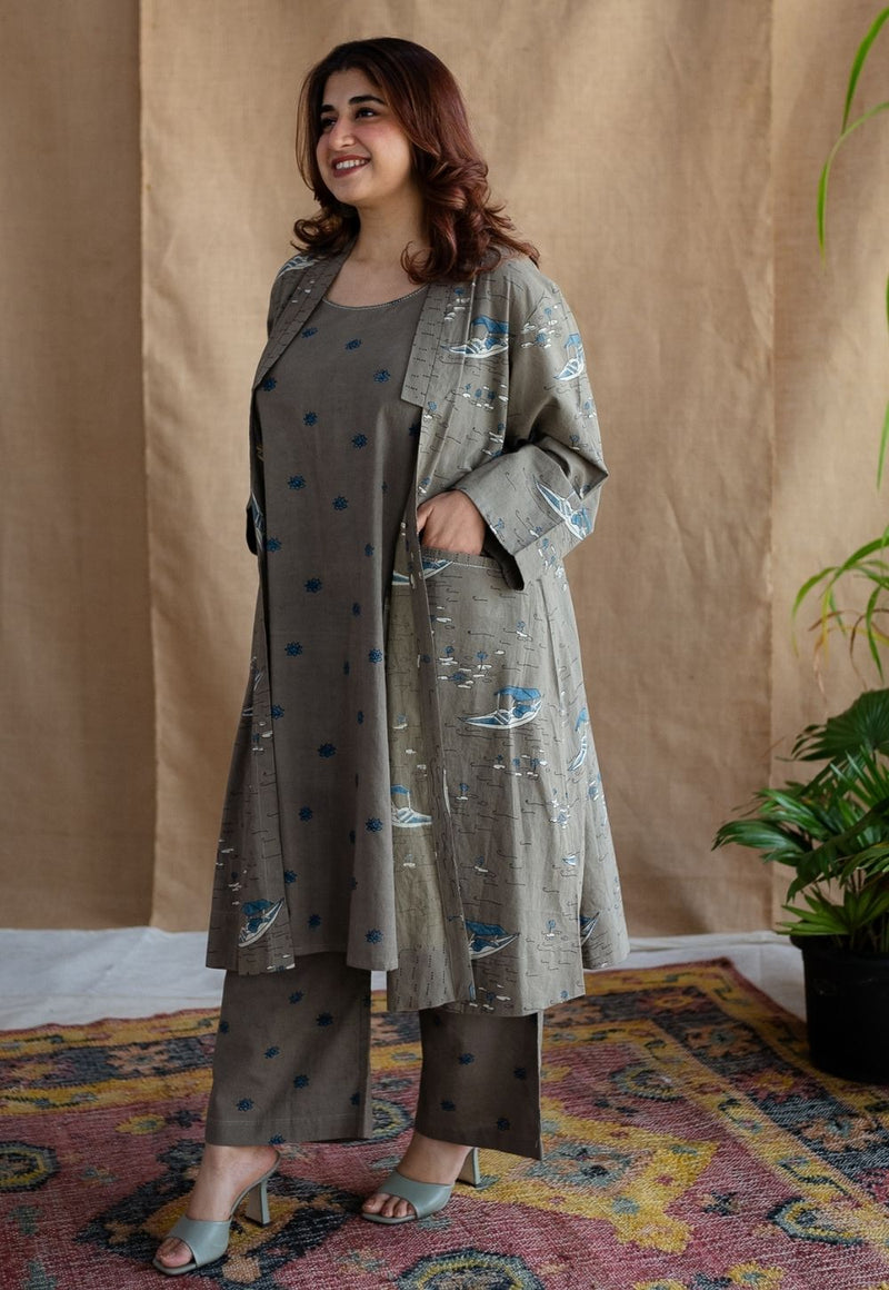 Shikara Grey Ajrakh Cotton A Line Jacket  with Hand Embroidery