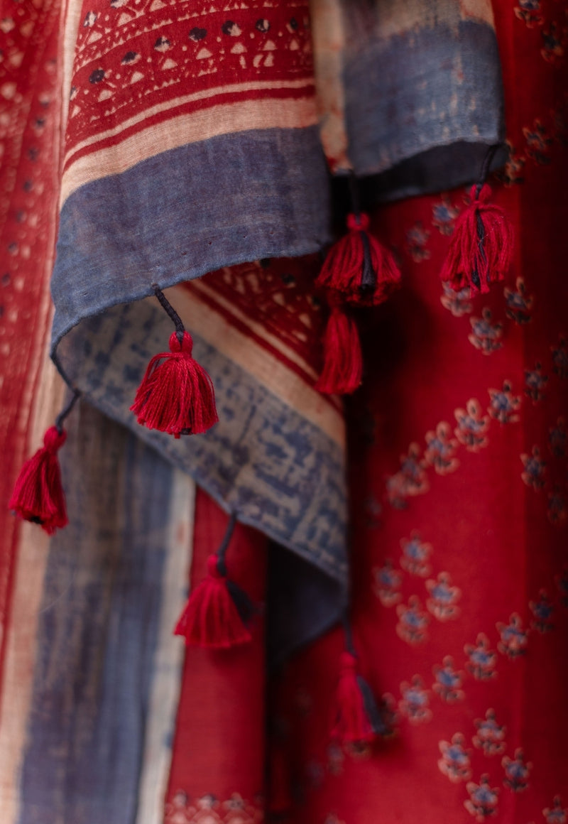 Madder Ajrakh Chanderi Silk Dupatta with Embroidery