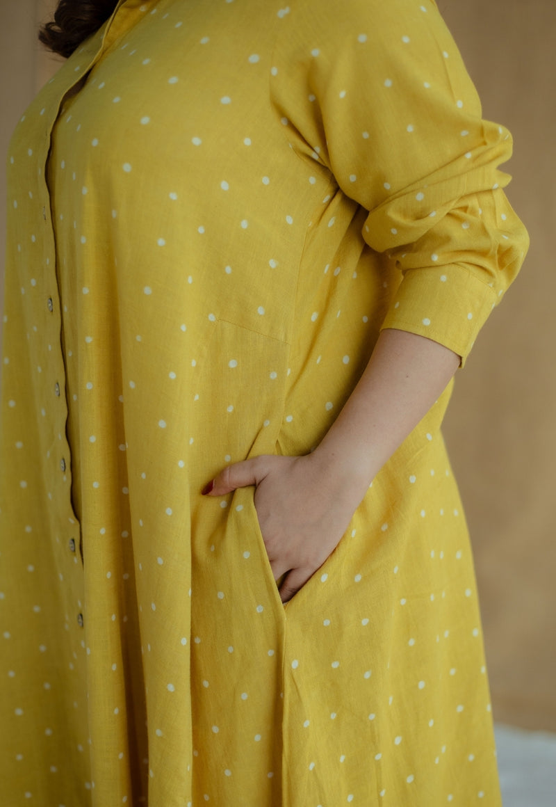 Trusha Yellow Dabu Slub Cotton A Line Dress