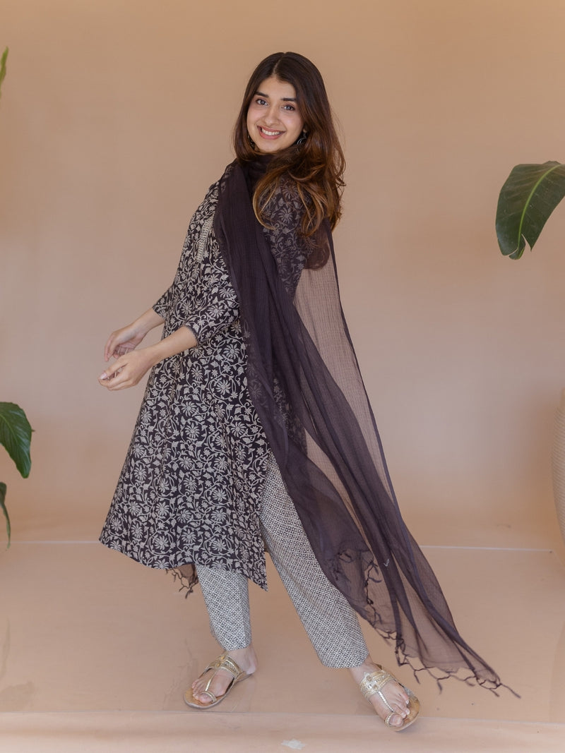 Avika Black Bagru Cotton Straight Kurta