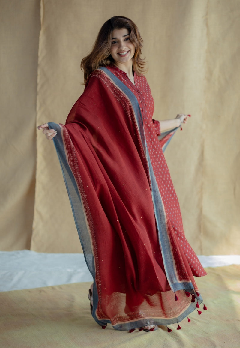 Malvika Madder Ajrakh Chanderi Silk A Line Kurta with Hand Embroidery