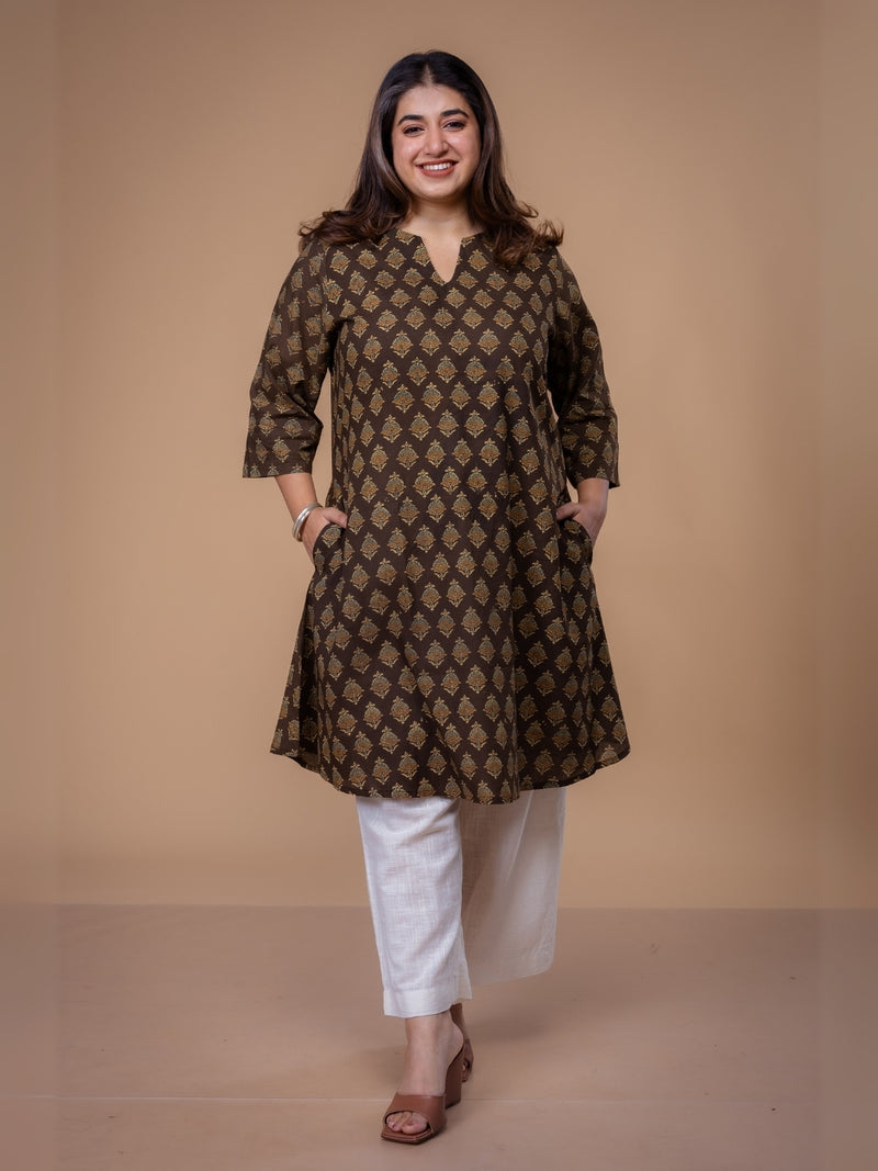 Daksha Brown Ajrakh Cotton A Line Kurta