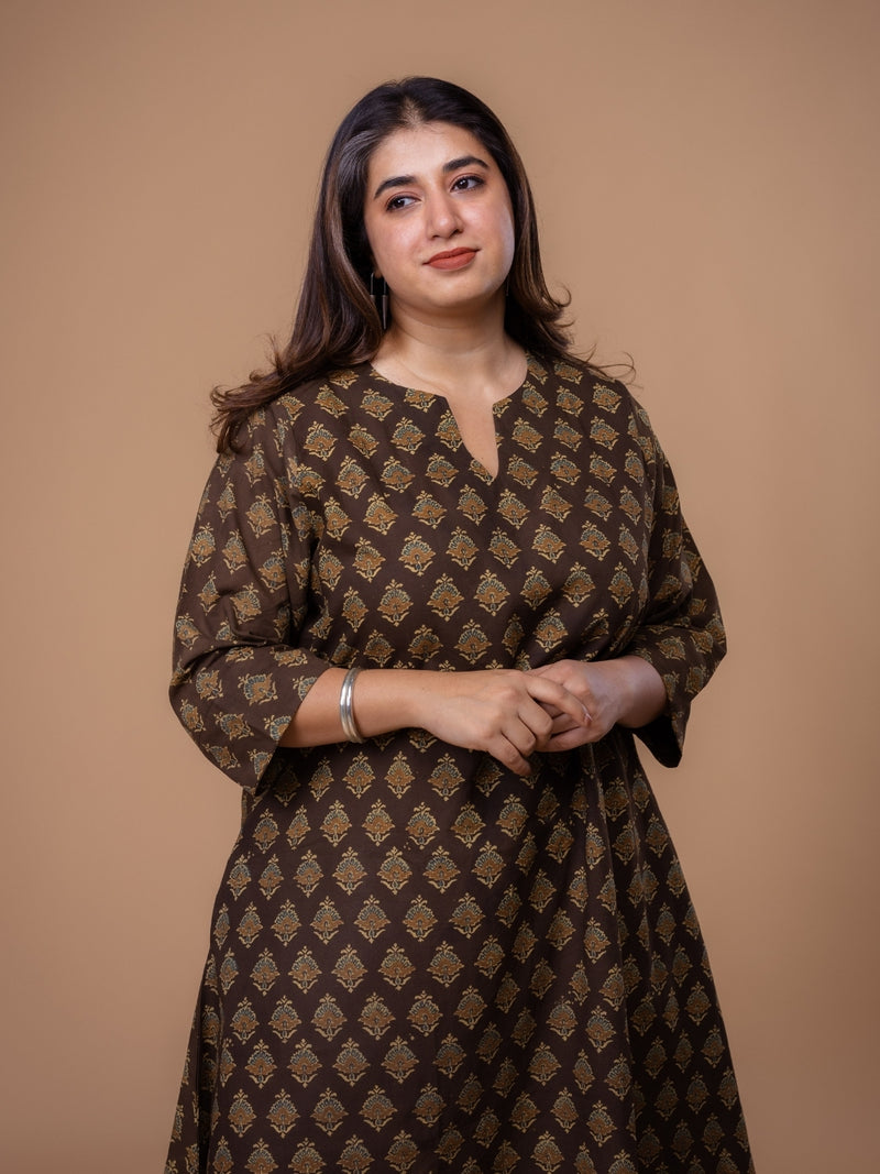 Daksha Brown Ajrakh Cotton A Line Kurta
