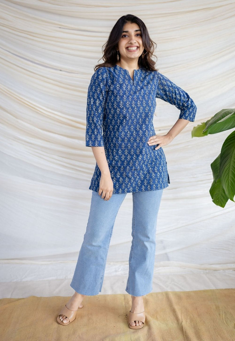 Navya Indigo Dabu Cotton Straight Short Top