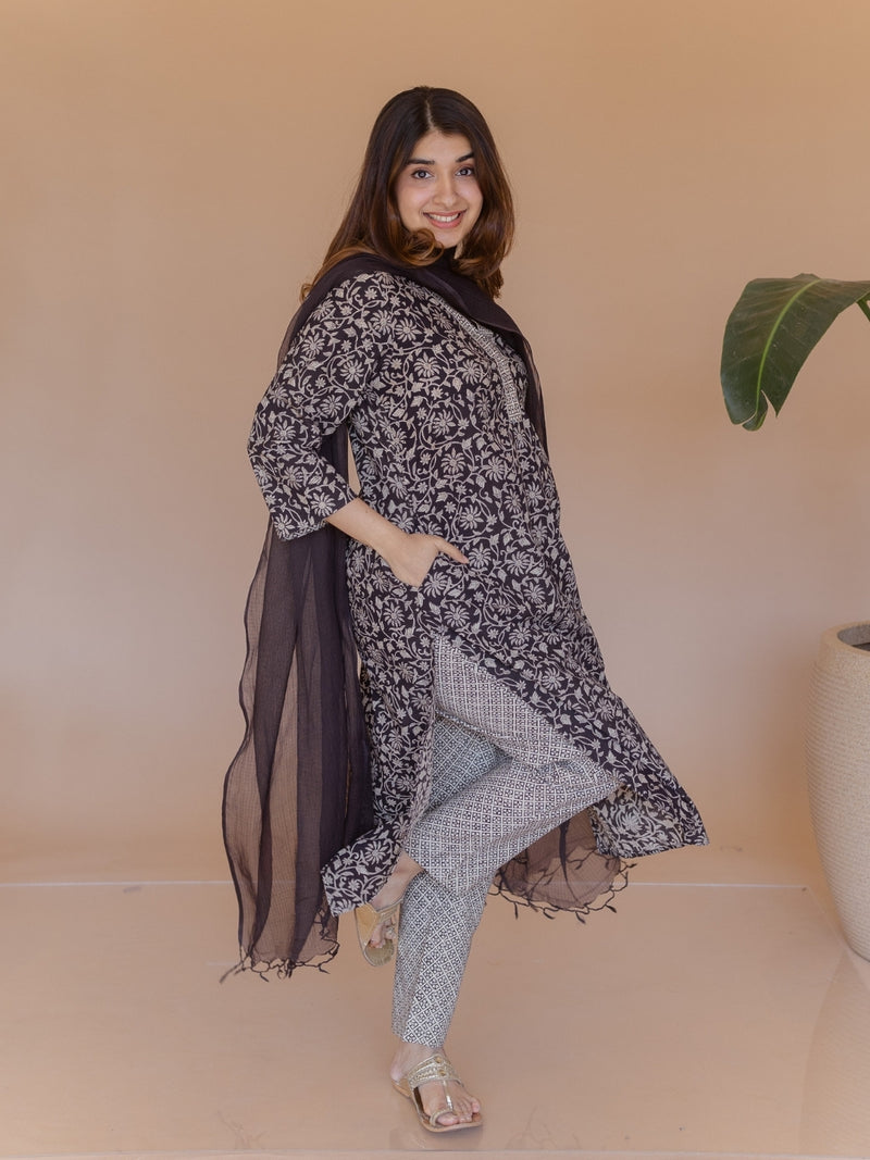 Avika Black Bagru Cotton Straight Kurta