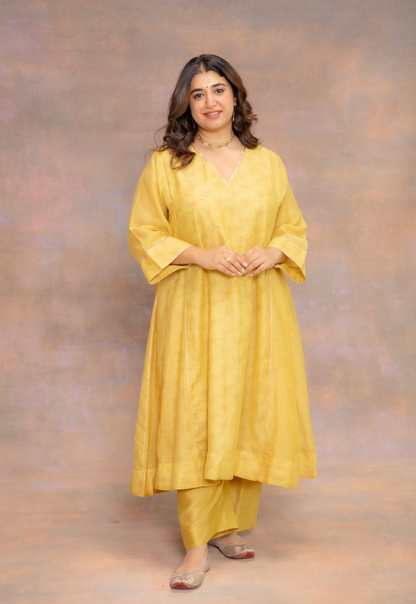 Rosa Yellow Solid Chanderi Slik Jhabba Kali Kurta with Lace Detailing
